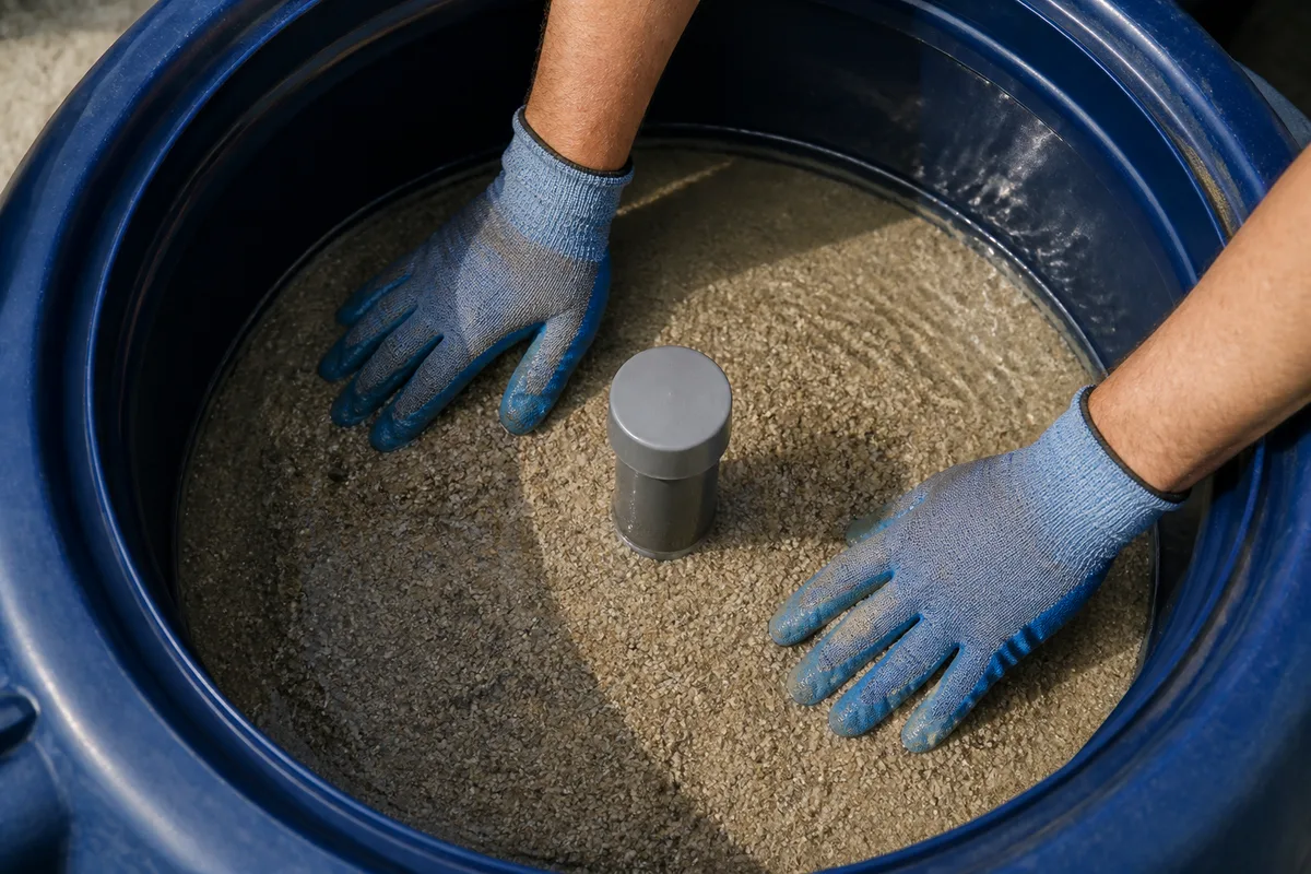 Mains gantées nivelant une charge de média filtrant dans une cuve de filtre à sable ouverte