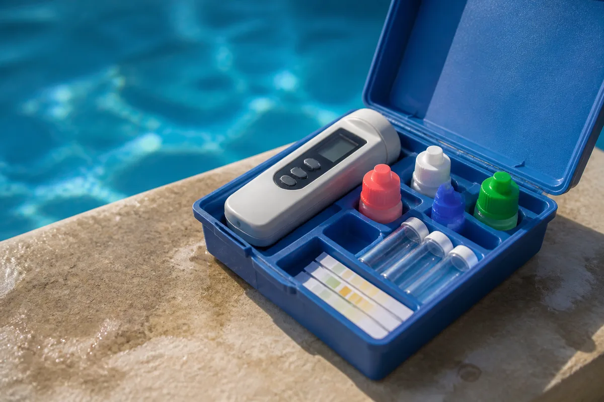 Testeur électronique et flacons de réactifs posés sur la margelle d&rsquo;une piscine