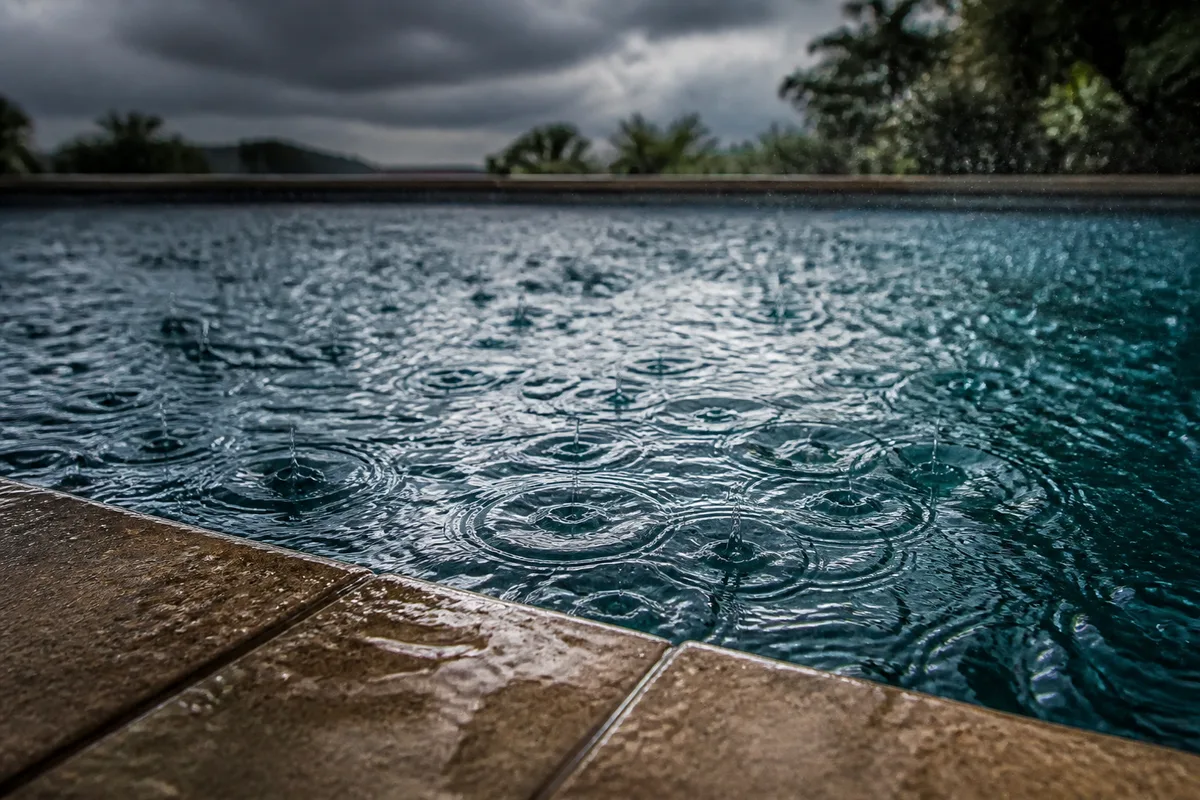 Gouttes de pluie frappant la surface d&rsquo;un bassin sous un ciel d&rsquo;orage