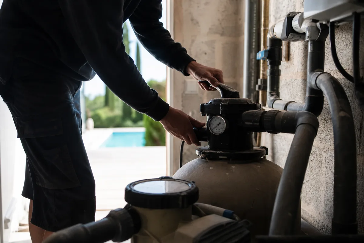 Technicien piscine contrôlant la filtration lors d&rsquo;une visite sous contrat