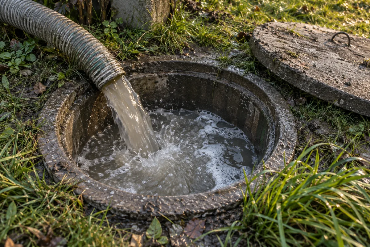Tuyau d’évacuation de piscine déversant une eau trouble et grise dans un regard de jardin en béton