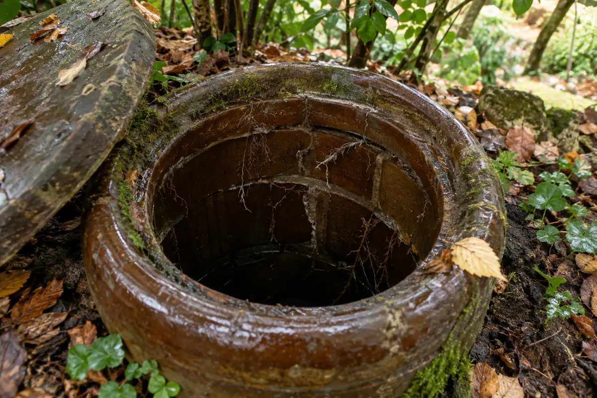 Regard de visite ancien en grès vernissé ouvert dans un jardin arboré, radicelles fines dans le joint