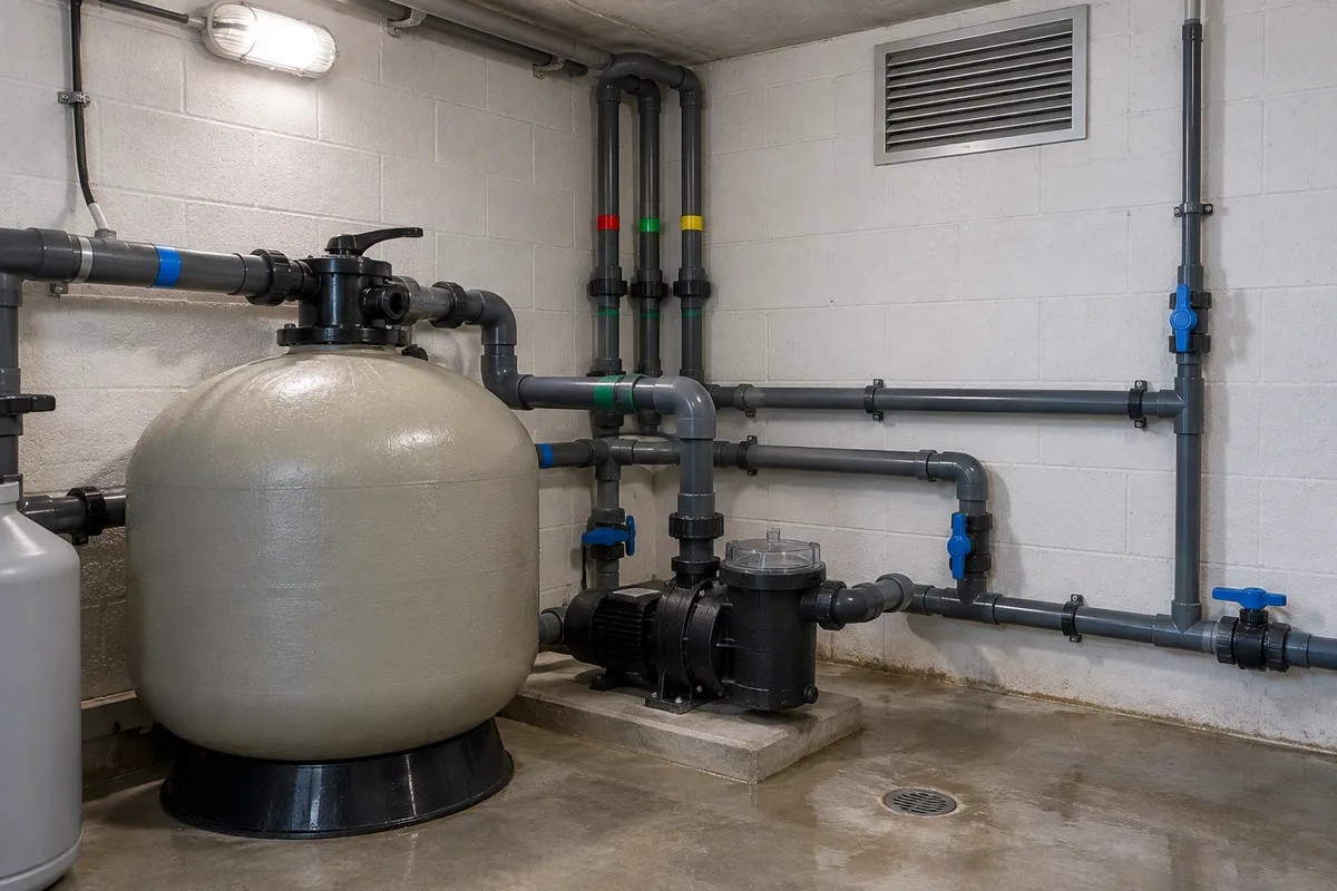 Intérieur d&rsquo;un local technique de piscine enterré avec tuyaux, grille de ventilation et lampe étanche