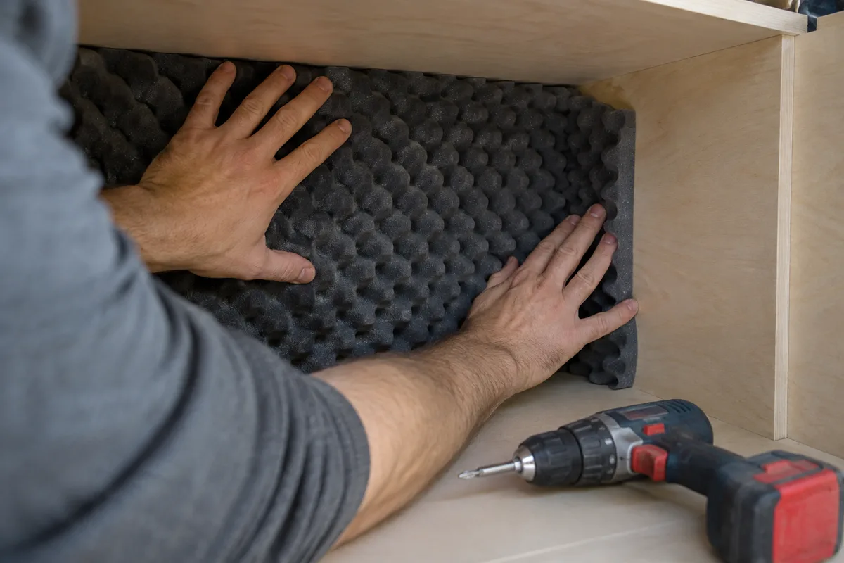 Mains posant une plaque de mousse acoustique sur la paroi intérieure d&rsquo;un coffre technique en bois