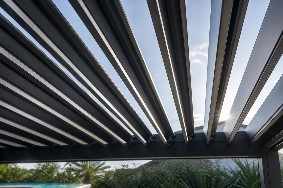 Détail de lames orientables en aluminium au-dessus d&rsquo;une terrasse de piscine