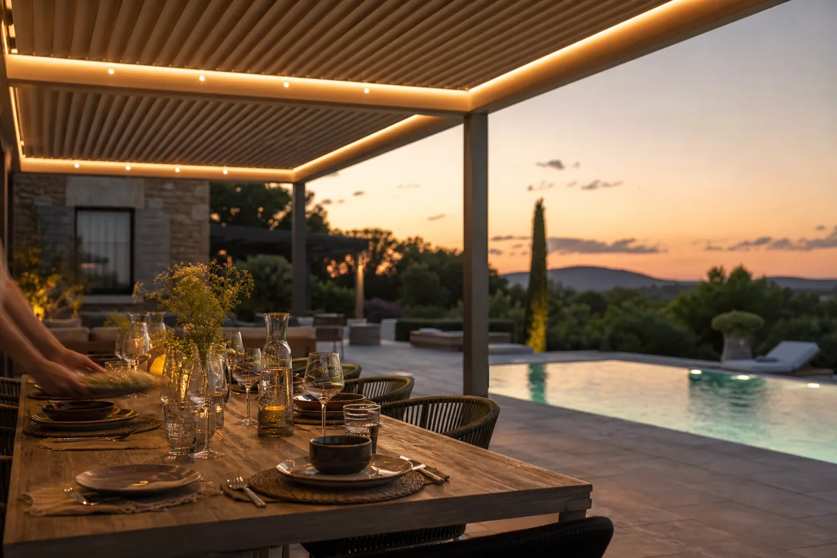 Coin repas abrité sous une pergola au bord d&rsquo;une piscine en fin de journée