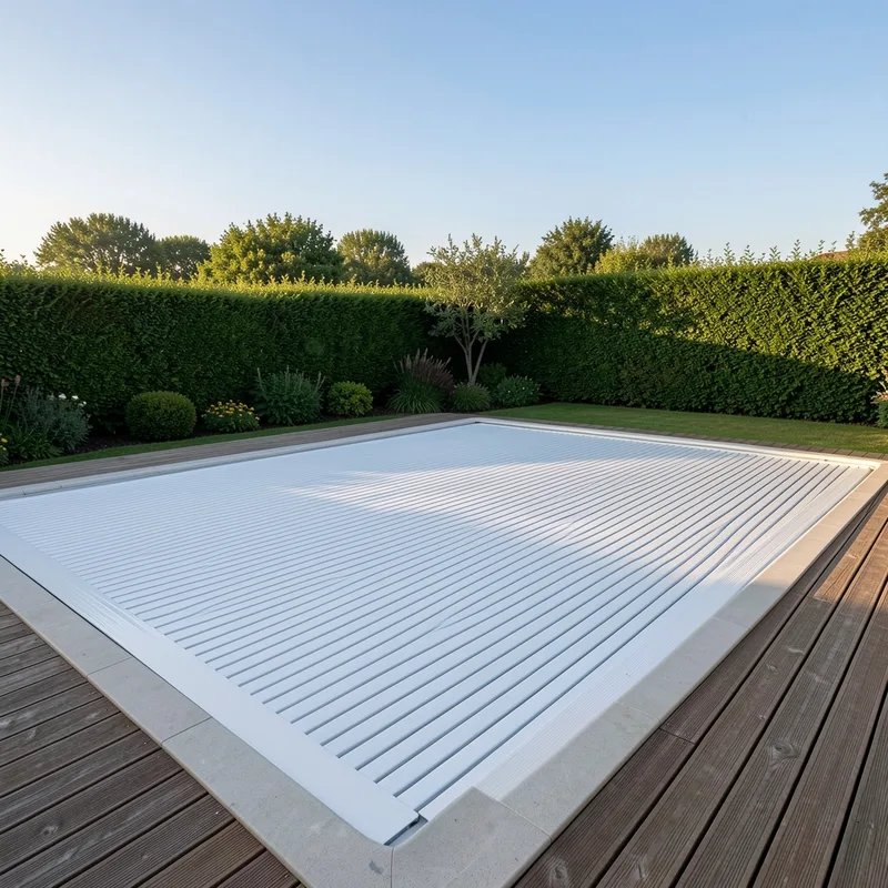 Volet roulant de piscine à lames blanches déroulé sur un bassin rectangulaire