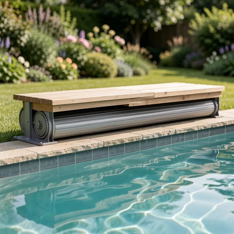 Coffre de volet roulant hors-sol formant banc sur la margelle d&rsquo;une piscine