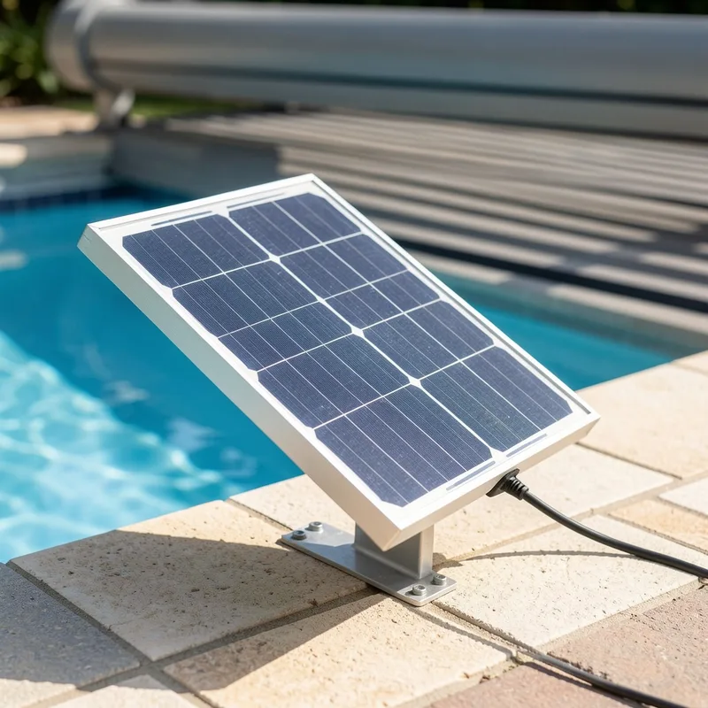 Panneau solaire alimentant le moteur d&rsquo;un volet de piscine au bord d&rsquo;un bassin