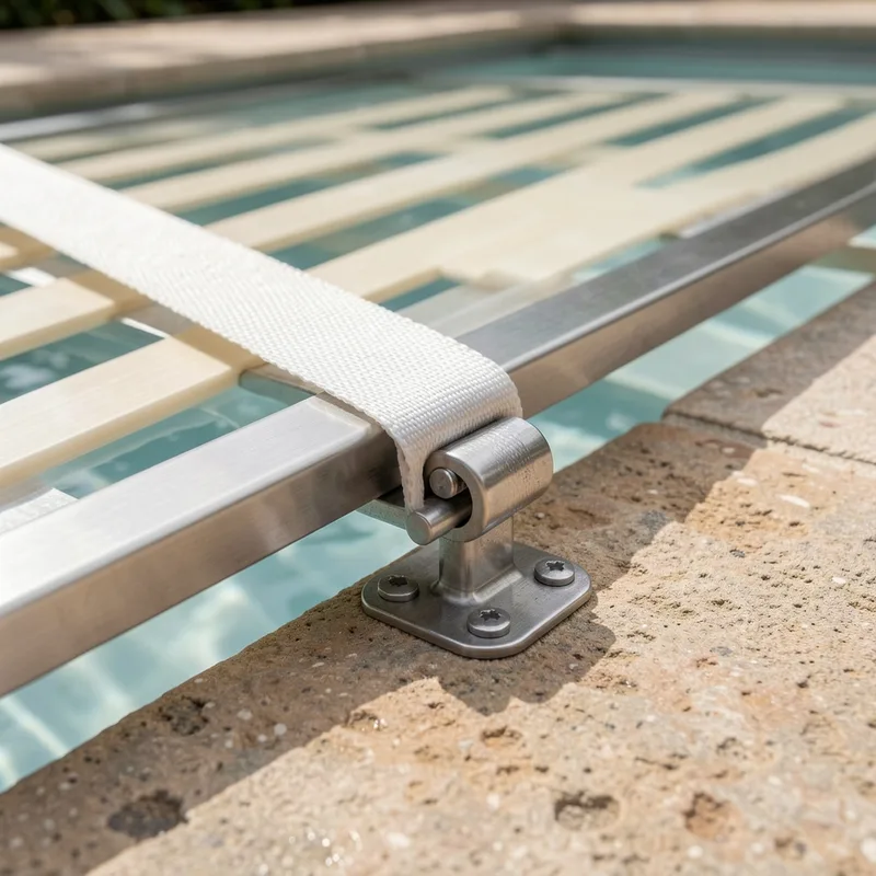 Fixation de sécurité verrouillant le tablier d&rsquo;un volet de piscine sur la margelle